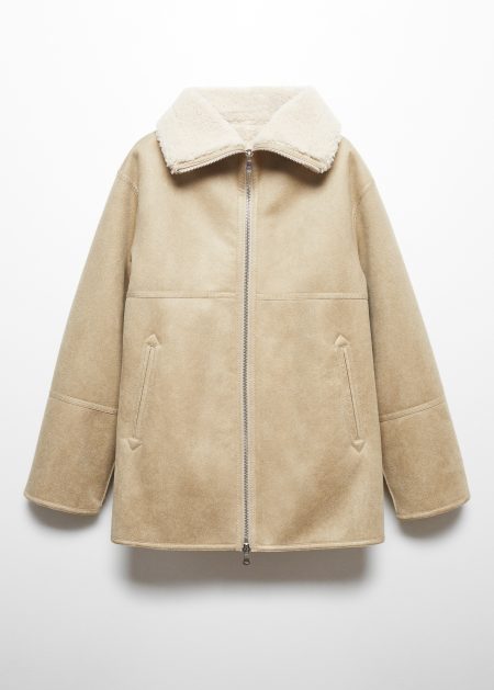 Women's Beige Leather Shearling-lined Coat With Zip