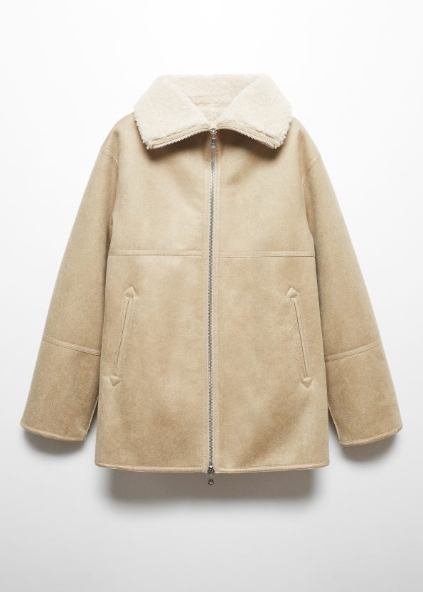 Women's Beige Leather Shearling-lined Coat With Zip