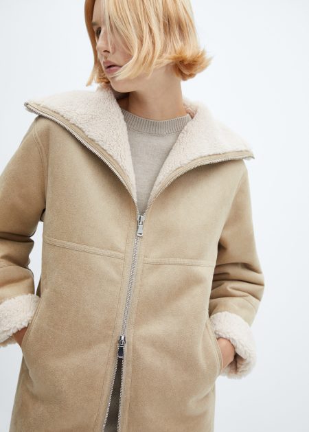Women's Beige Leather Shearling-lined Coat With Zip.