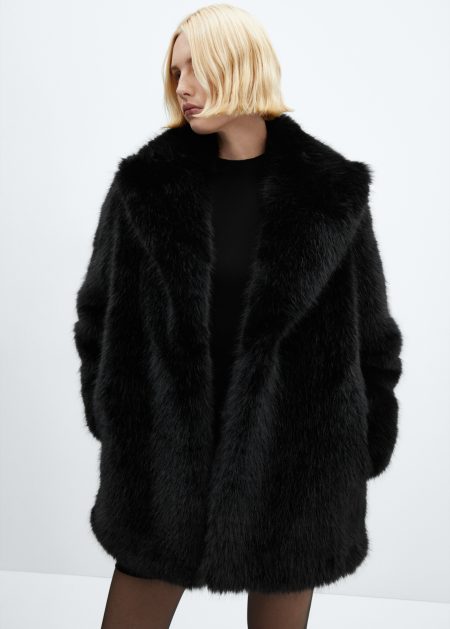 Women's Black Lapels Faux Fur Coat