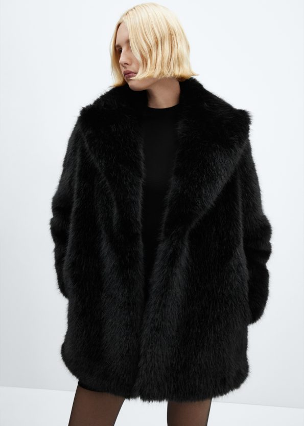 Women's Black Lapels Faux Fur Coat