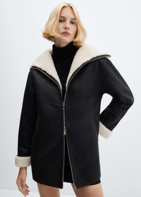 Women's Black Leather Shearling-lined Coat With Zip.