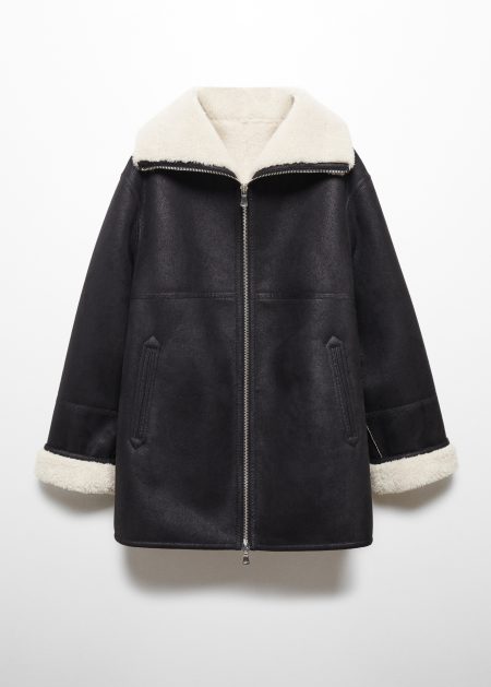 Women's Black Leather Shearling-lined Coat With Zip