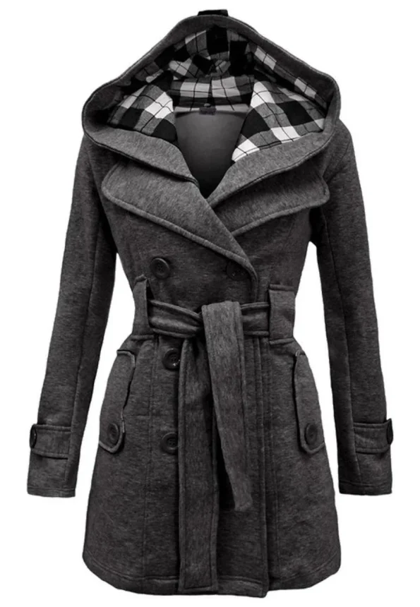 Women’s Checkered Hooded Style Charcoal Trench Coat