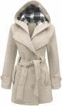 Women’s Checkered Hooded Style Cream Trench Coat