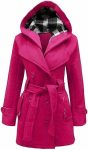 Women’s Checkered Hooded Style Fuchsia Trench Coat
