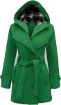 Women’s Checkered Hooded Style Green Trench Coat