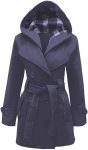 Women’s Checkered Hooded Style Navy Blue Trench Coat