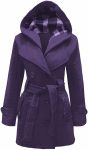 Women’s Checkered Hooded Style Purple Trench Coat