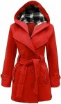 Women’s Checkered Hooded Style Red Trench Coat
