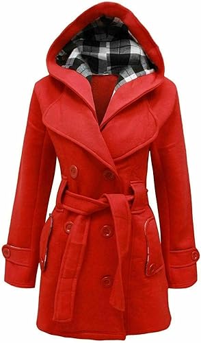 Women’s Checkered Hooded Style Red Trench Coat