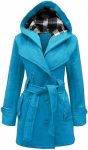 Women’s Checkered Hooded Style Turquoise Trench Coat