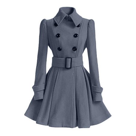 Women's Fashion Classic Winter Thick Europe Belt Buckle Grey Trench Coat