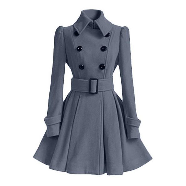Women's Fashion Classic Winter Thick Europe Belt Buckle Grey Trench Coat