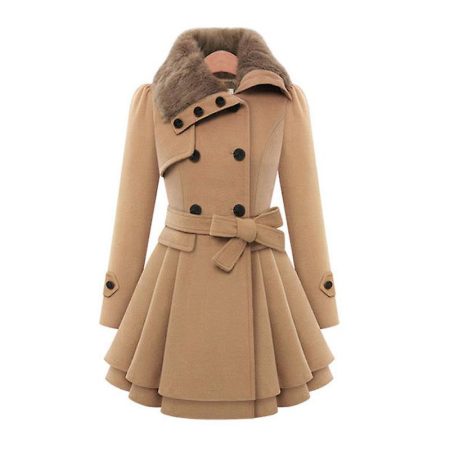Womens Khaki Lapel Double-breasted Thick Wool Trench Coat