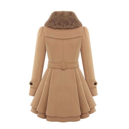 Womens Khaki Lapel Double-breasted Thick Wool Trench Coat.