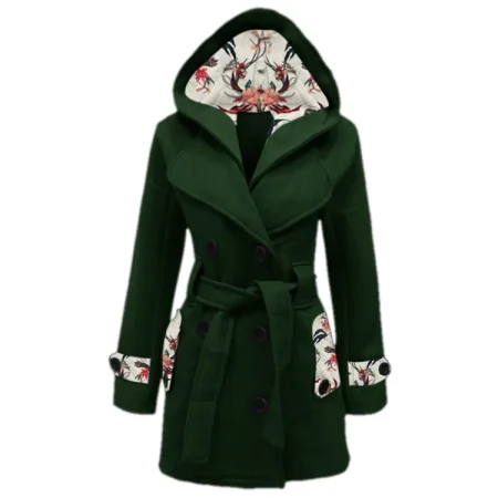 Women’s Printed Hooded Style Green Trench Coat