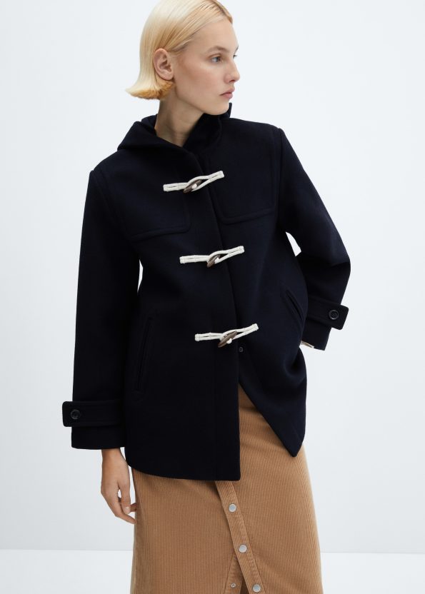 women's navy blue hooded wool coat.