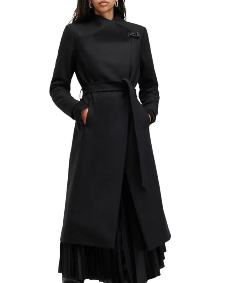 All Saints Riley Black Wool Blend Belted Coat
