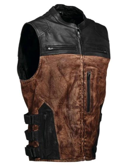 Black and Brown Side Belted Leather Vest