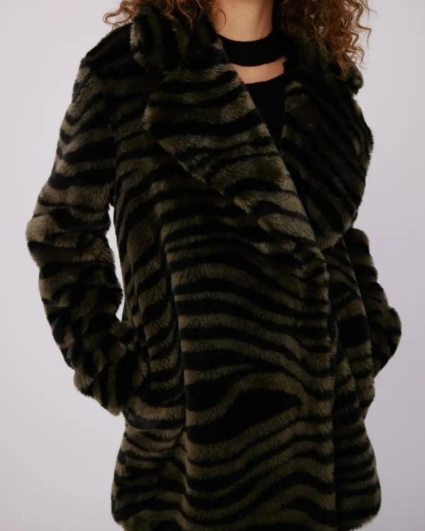 Diane Von Furstenberg Tanesha Zebra Olive Faux Fur Coat