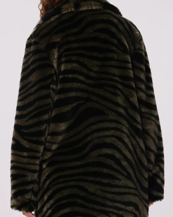 Diane Von Furstenberg Tanesha Zebra Olive Faux Fur Coat.