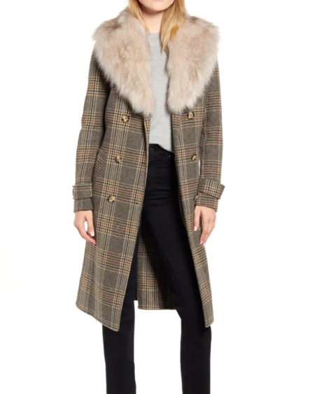 Kenneth Cole New York Plaid Wool Blend Coat With Removable Faux Fur Collar
