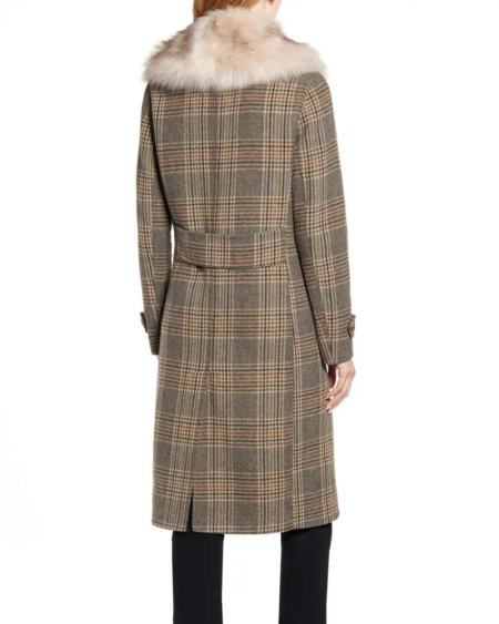Kenneth Cole New York Plaid Wool Blend Coat With Removable Faux Fur Collar.