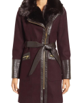 Via Spiga Faux Leather & Faux Fur Trim Belted Wool Blend Coat