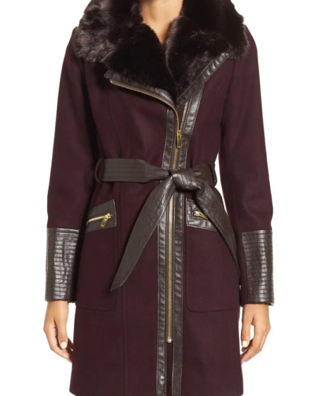 Via Spiga Faux Leather & Faux Fur Trim Belted Wool Blend Coat