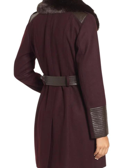 Via Spiga Faux Leather & Faux Fur Trim Belted Wool Blend Coat.