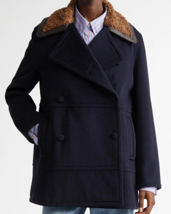 Wales Bonner Zora Faux Shearling Trim Wool Blend Peacoat