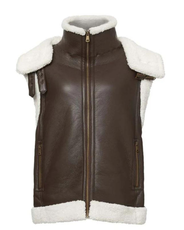 Womens Brown Shearling Leather Vest White Fur