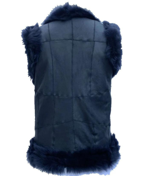 Women's Genuine Shearling Sheepskin Leather Fur Blue Vest.