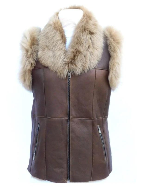 Womens Shearling Goat Fur Brown Leather Vest