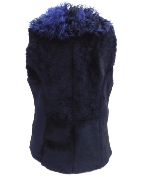 Women's Sheepskin Shearling Fur Leather Black Blue Winter Warm Vest.