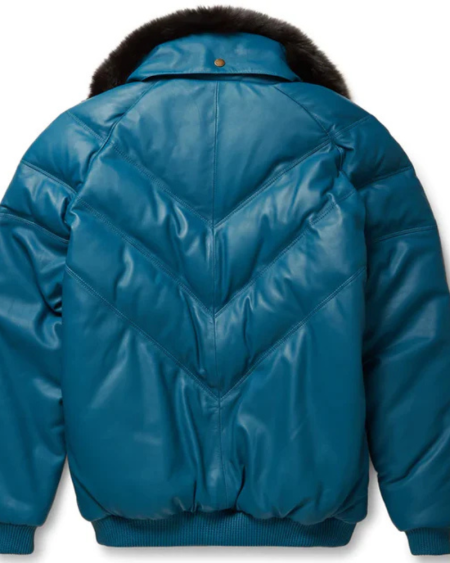 B-3 Men Teal Leather V Bomber Jacket With Black Fur Collar