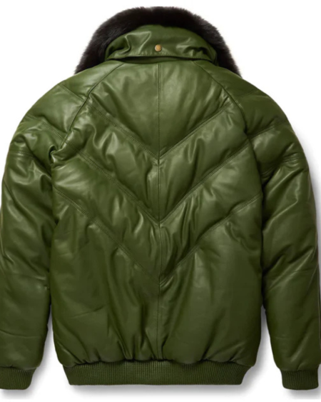 B-3 Olive Leather V-bomber Jacket For Men With Black Fur Collar