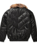 New Black Premium Lambskin Leather V Bomber Jacket For Men With Fur Collar