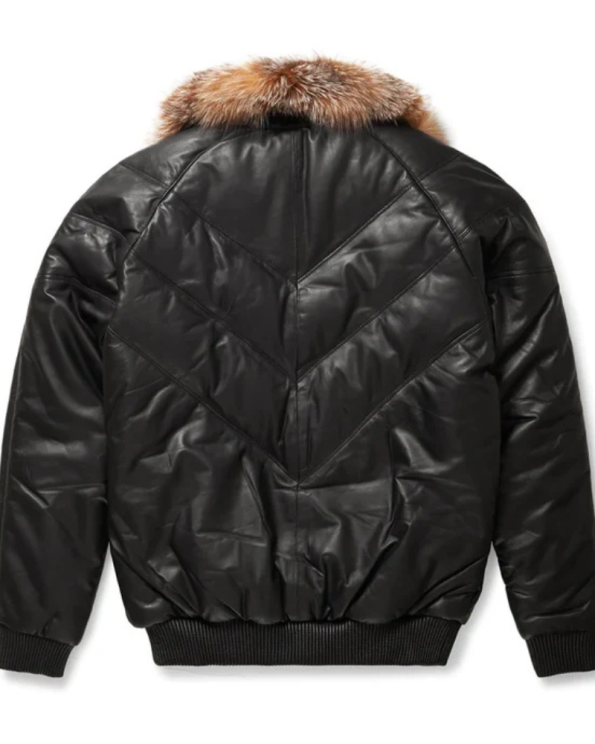 Black Premium Lambskin Leather V Bomber Jacket For Men With Fur Collar