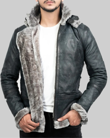 Grey Hooded B-3 Bomber Leather Jacket