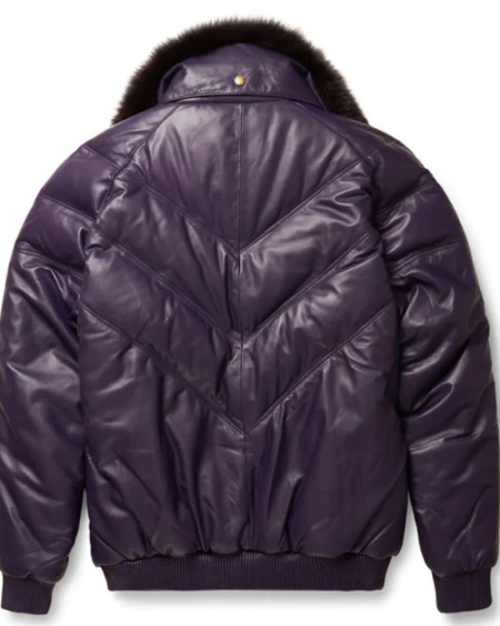 Men B-3 Purple Leather V-bomber Jacket With Black Fur Collar