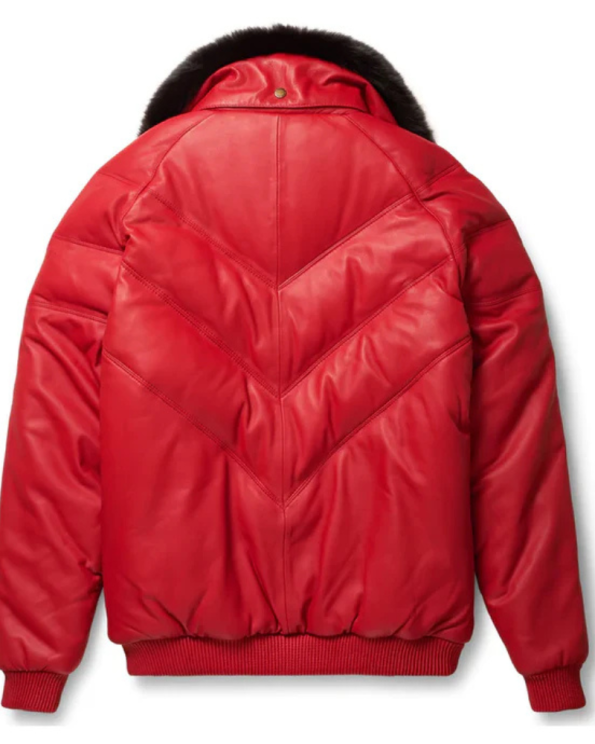 Men B-3 Red Leather V-bomber Jacket With Black Fur Collar