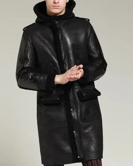 Men's B-3 Shearling Black Winter Leather Long Thick Coat