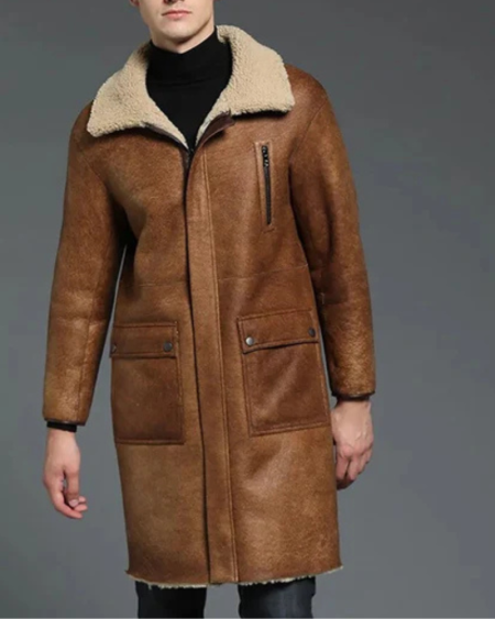 Men's B-3 Shearling Brown Long Winter Slim Coat