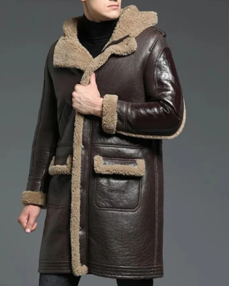 Men's B-3 Shearling Brown Winter Leather Long Thick Coat