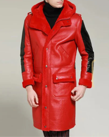 Men's B-3 Shearling Red And Black Winter Leather Long Thick Coat
