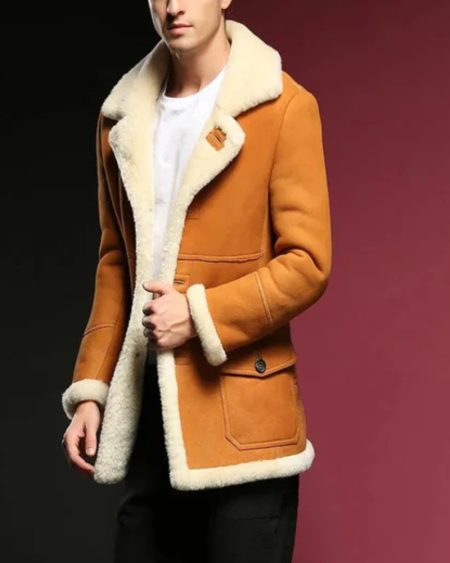 Men's B-3 Shearling Yellow And White Long Style Coat