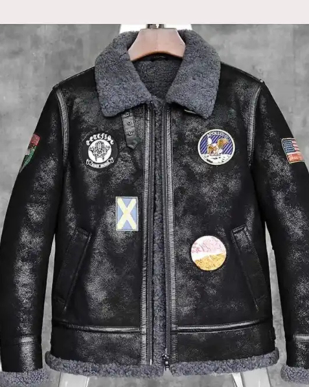 Mens Black Aviator Sheepskin Bomber Shearling Jacket
