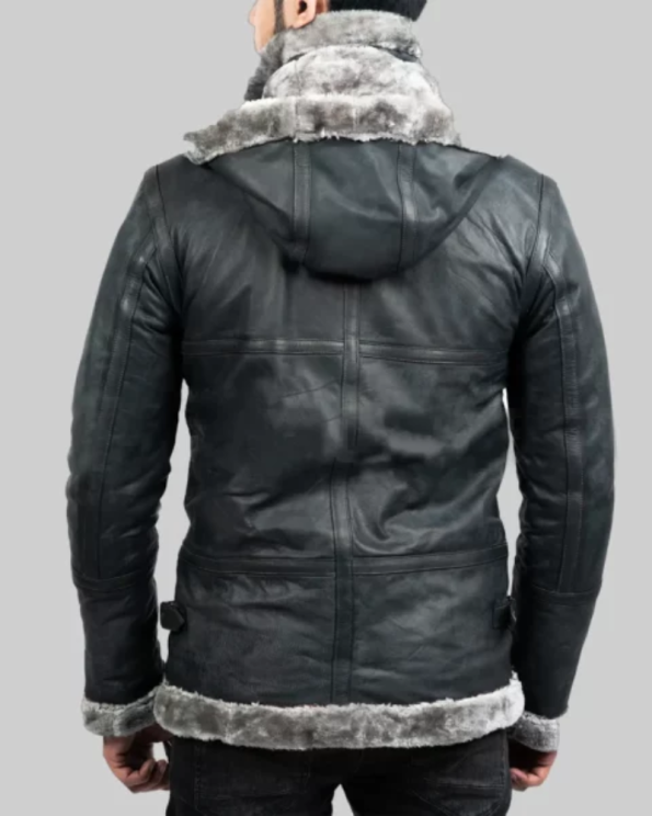 Men’s Grey Hooded B-3 Leather Jacket